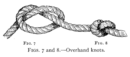 Illustration: FIGS. 7 and 8.Overhand knots.